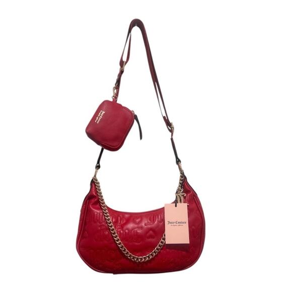 Juicy Couture Red Puff Quilted Half Moon Gold Chain Link Purse Coin Purse Set - Picture 10 of 11